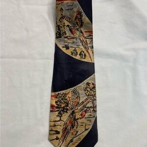 True Vintage 1950s MENS Tie Pheasant Bird Flying Tan Brown Dress Suit Accesory